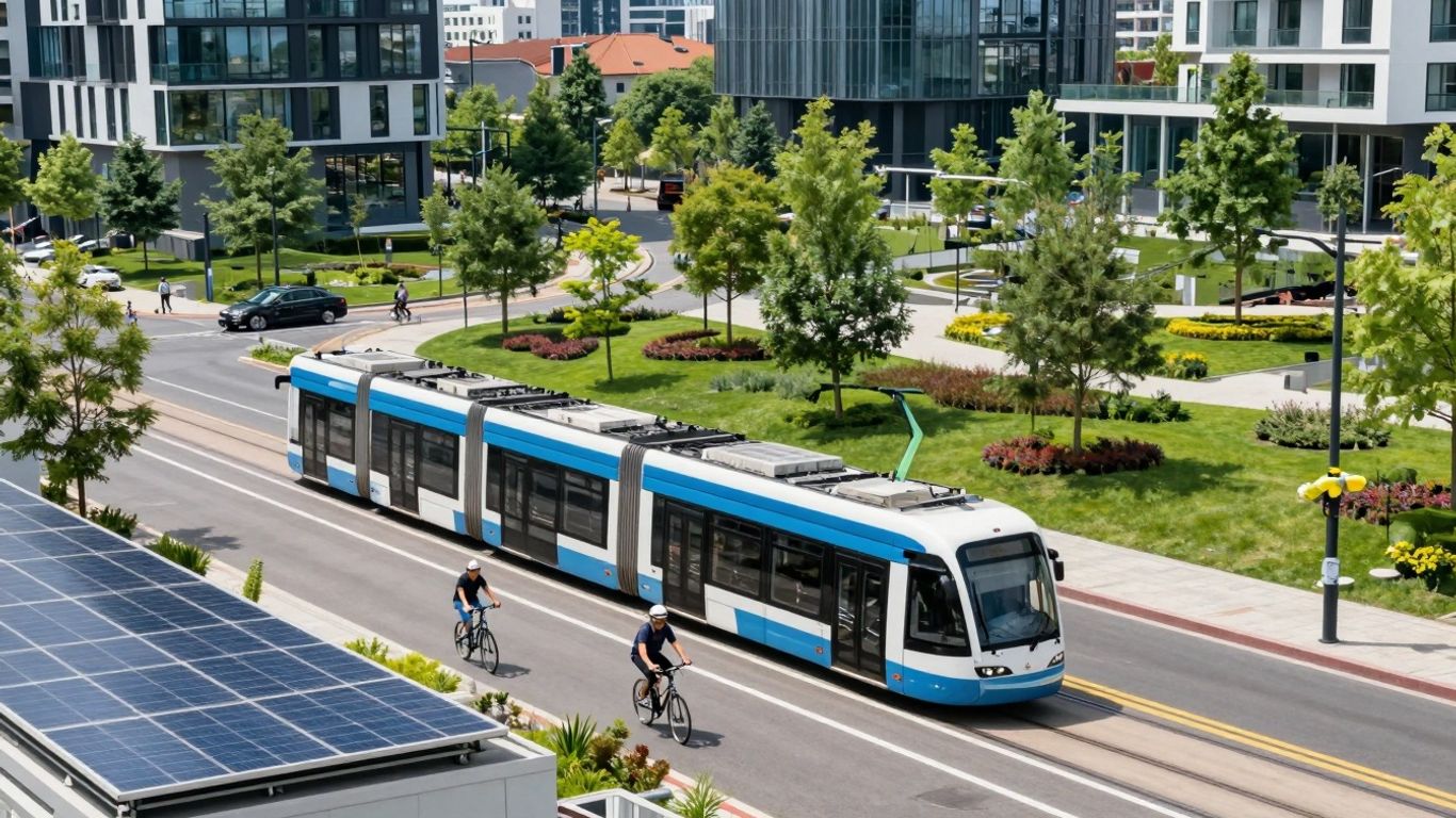 Oraș verde cu transport electric și locuințe sustenabile.