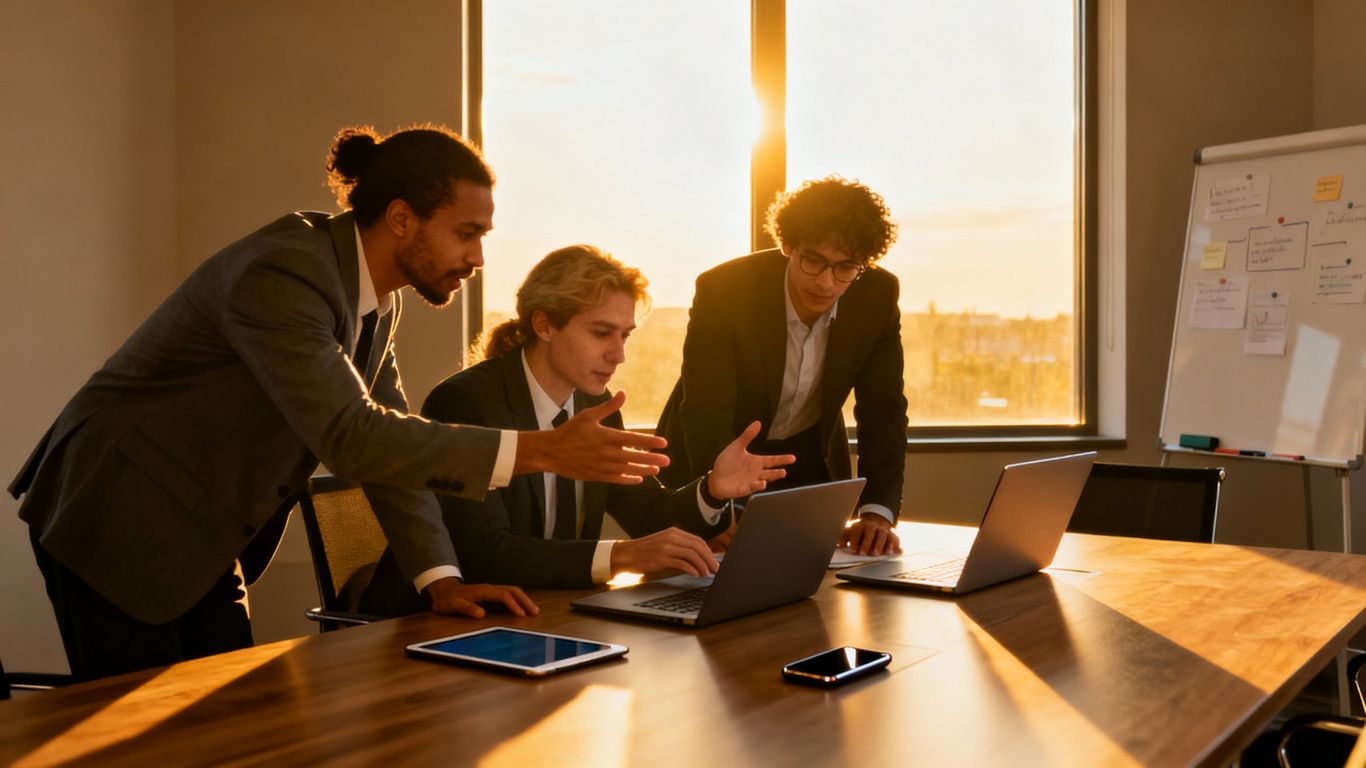 Business professionals collaborating in a modern office.