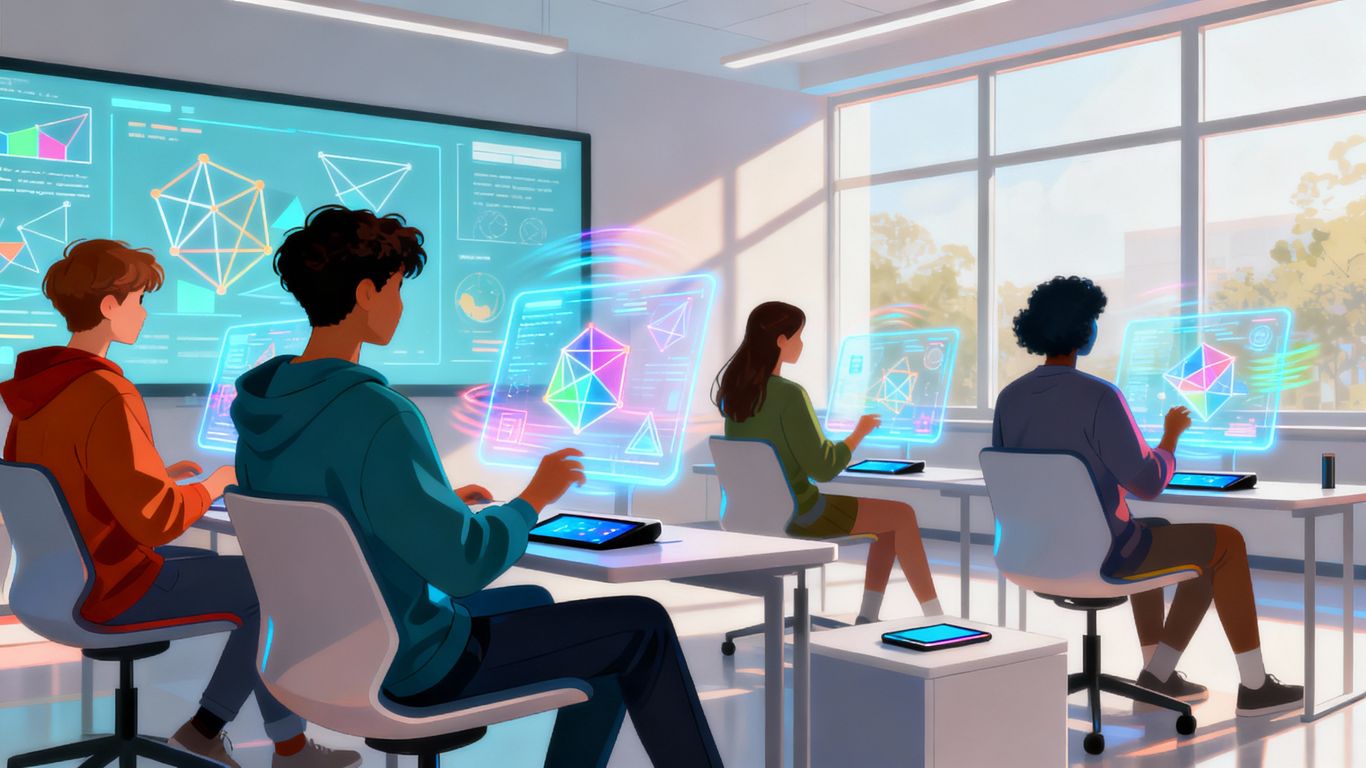 Digital learning, diverse people, modern technology, bright environment.