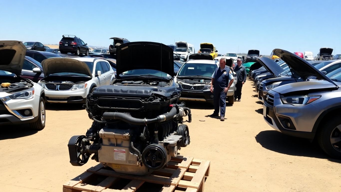 Mechanics examining Outlander cars in a large auto junkyard.