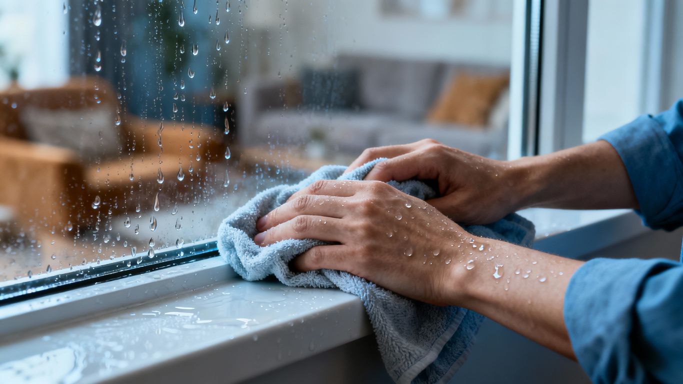 Homeowner wiping water from a window sill.