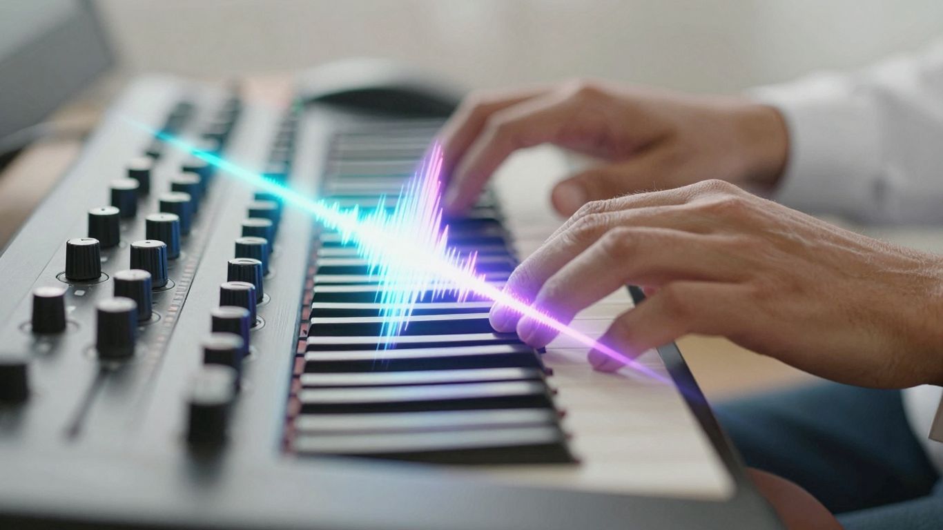 Producer hands on keyboard with glowing audio waveforms.
