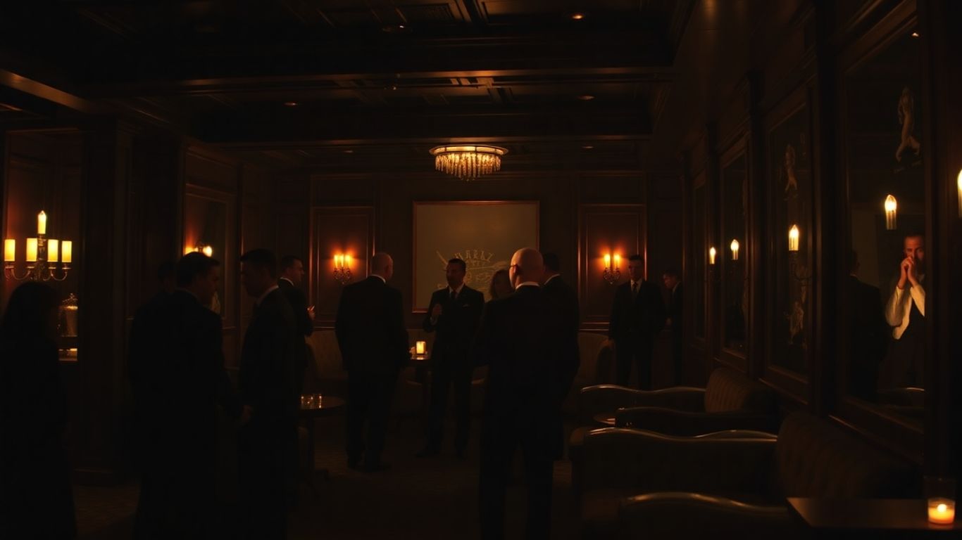 Exclusive VIP club interior with mingling silhouettes.