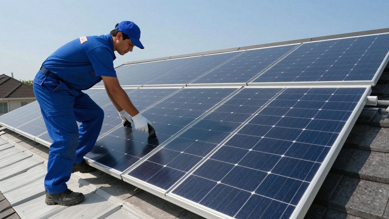 Avisun installer working on solar panels on a roof.