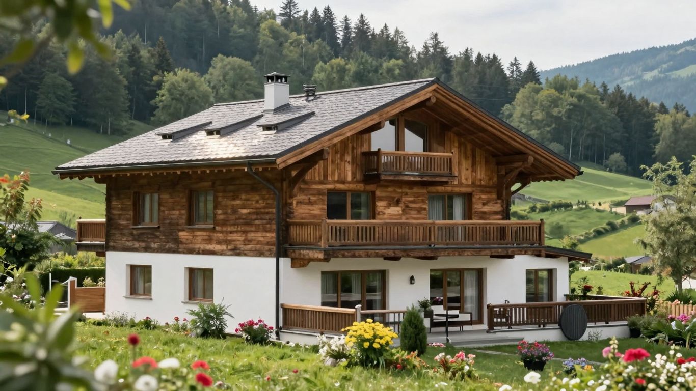 Chalet moderno rodeado de naturaleza verde y soleada.