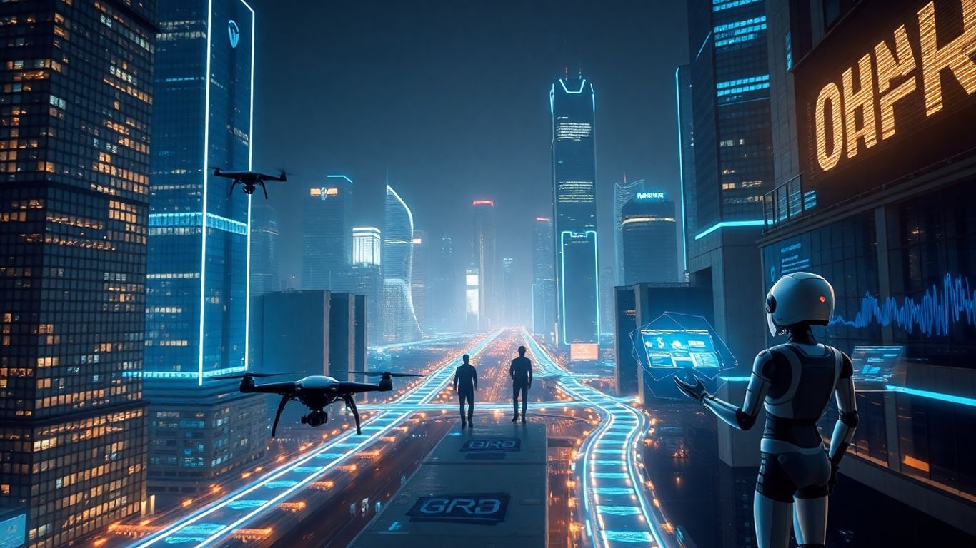Futuristic cityscape with AI agents and drones.