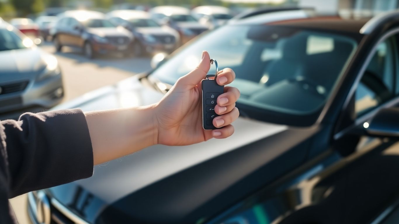 Person with car keys in front of a new car.