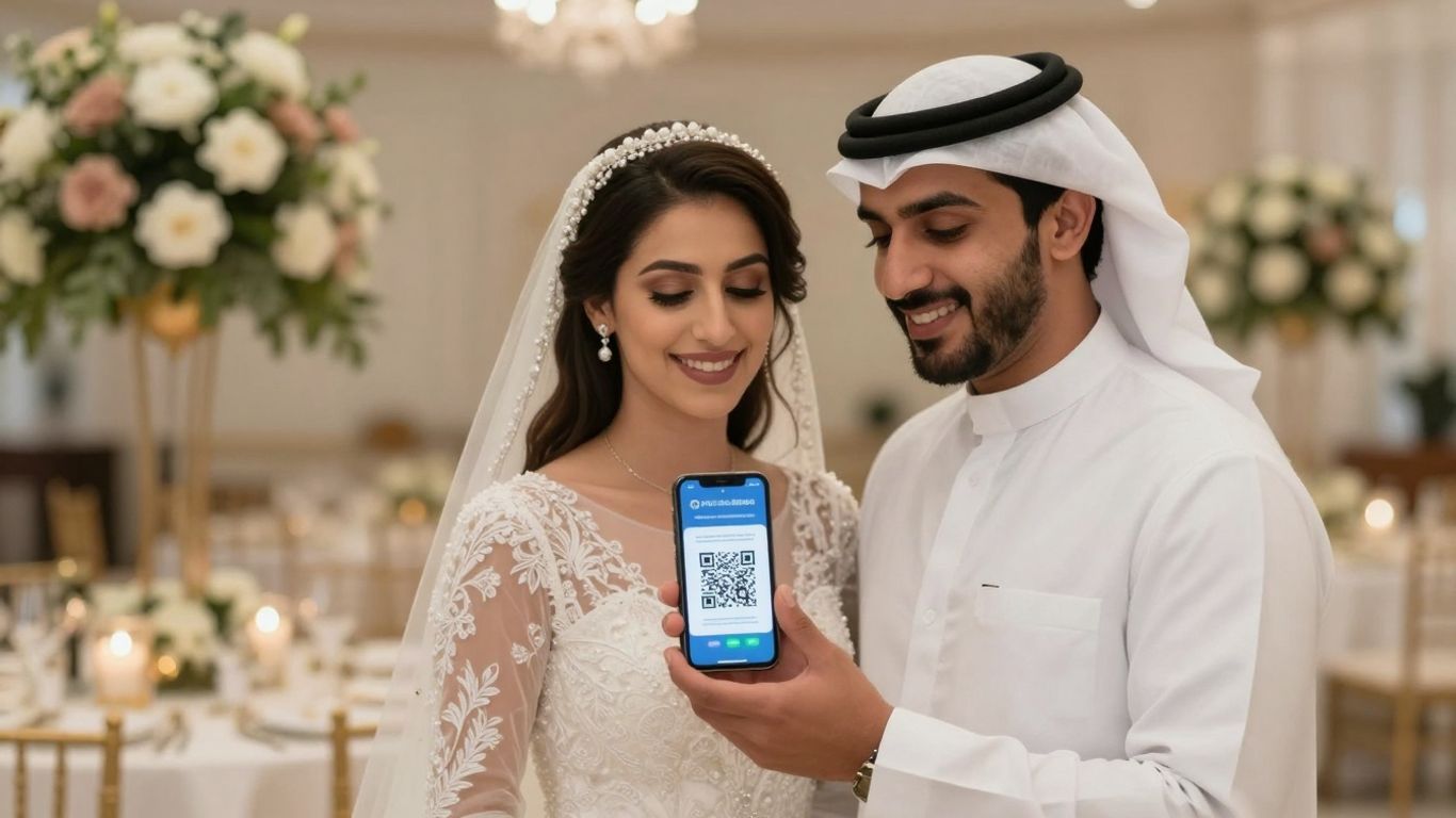 Wedding couple with QR code on phone.