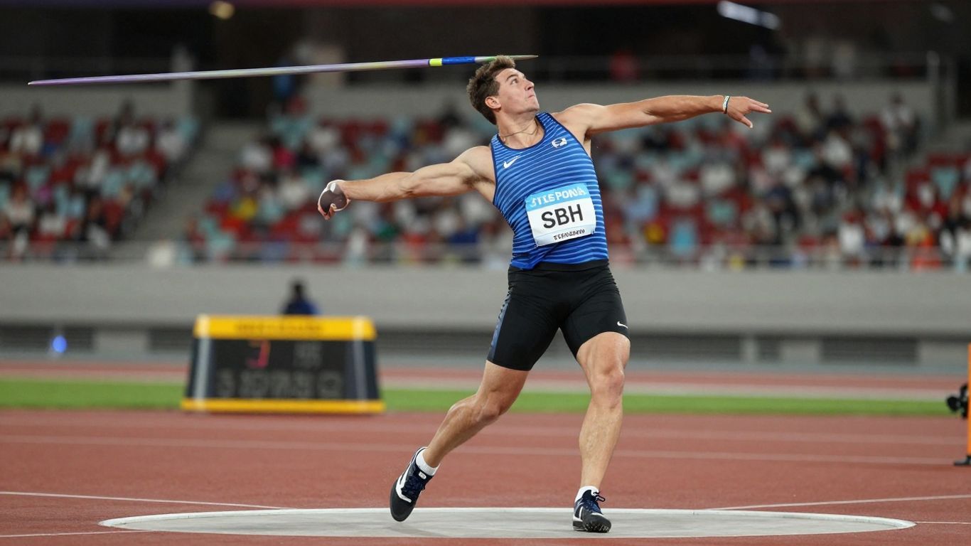 Atlet aruncând un obiect pe un stadion.