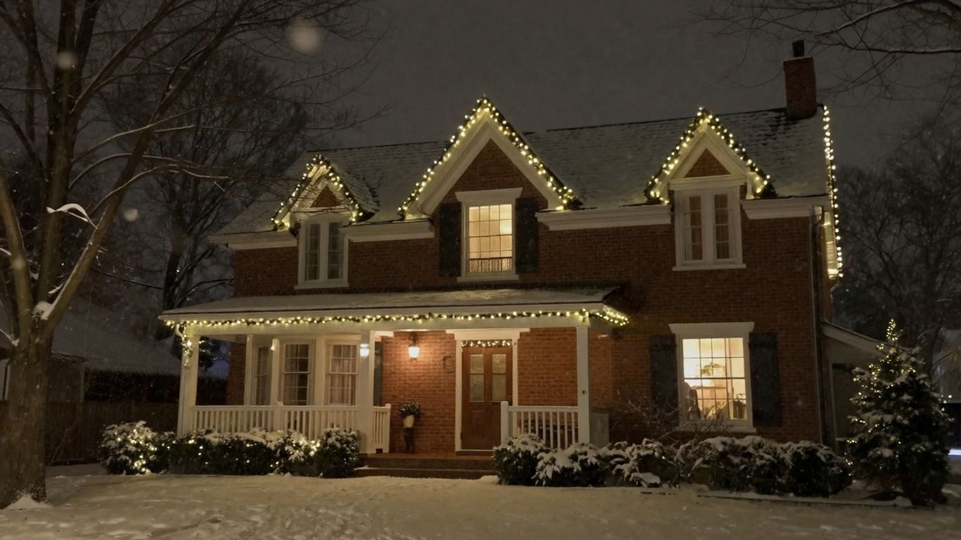 Oakville house with permanent Christmas lights glowing at night.