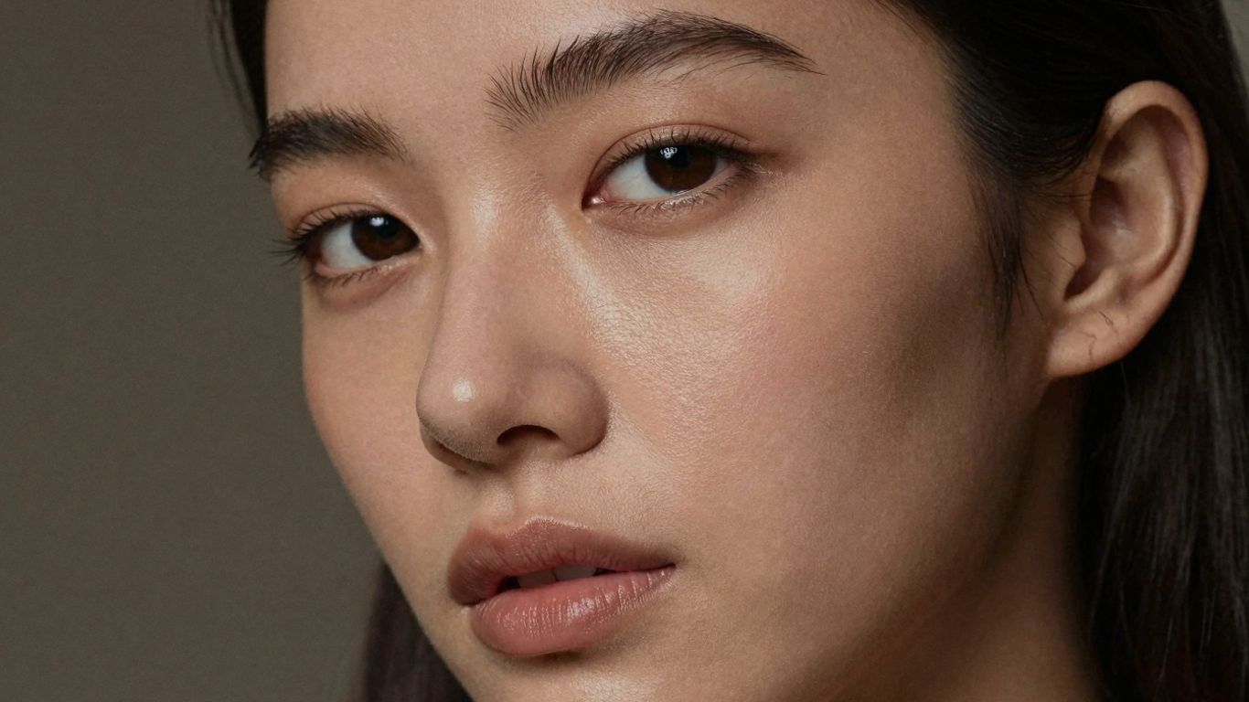 Femeie cu piele impecabilă, machiaj minimalist, look sofisticat.