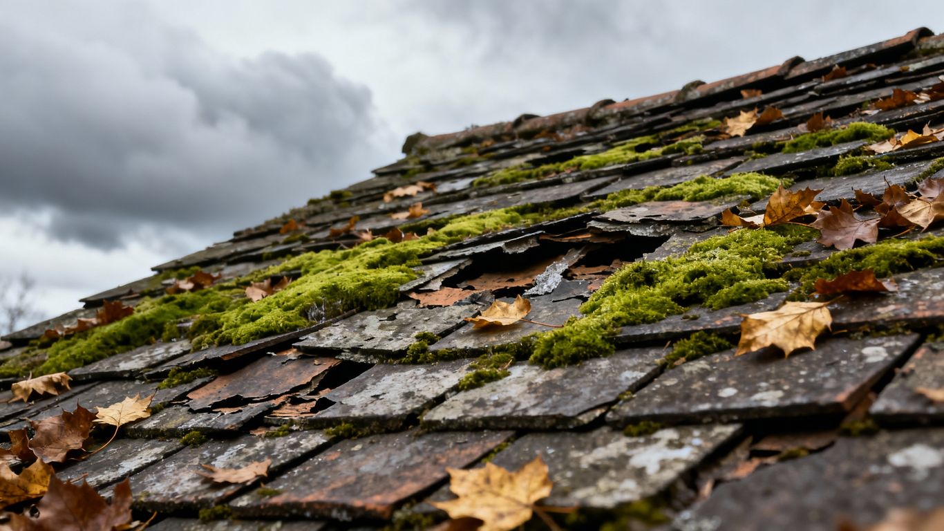 Weathered roof with moss, damaged shingles, and autumn leaves