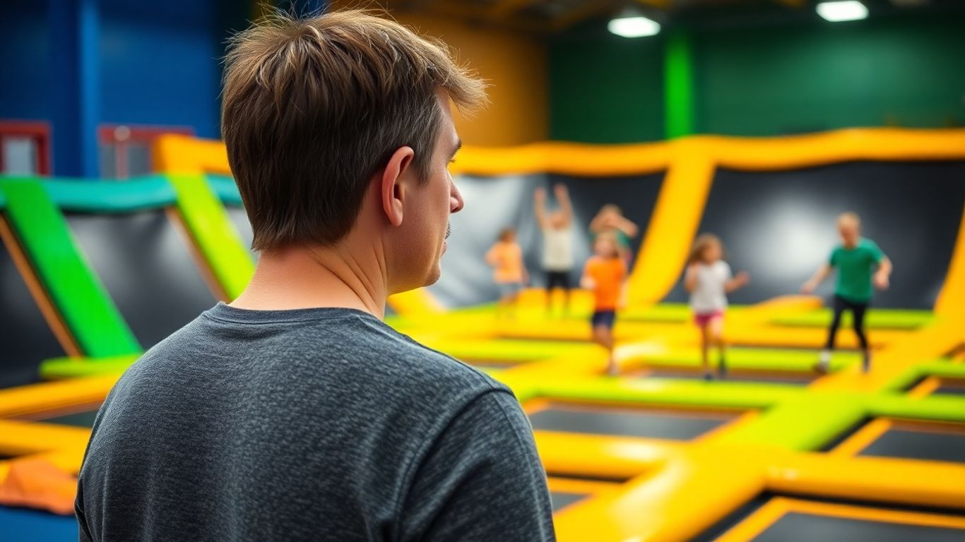 Parent watching children at a trampoline park.