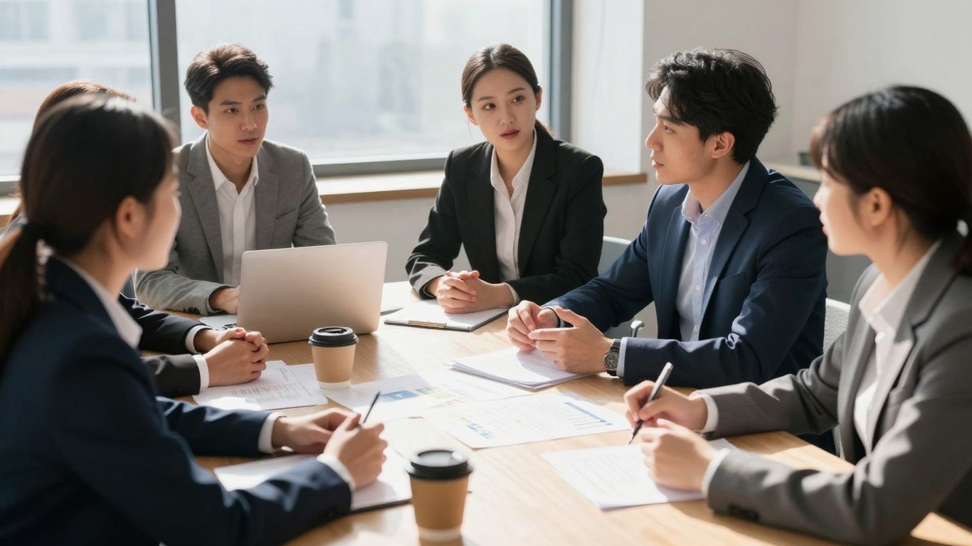 People collaborating in a bright, modern office setting.
