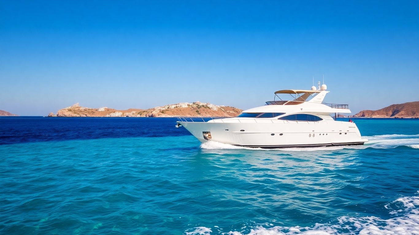 Luxury yacht sailing in the Aegean Sea near Greek islands.