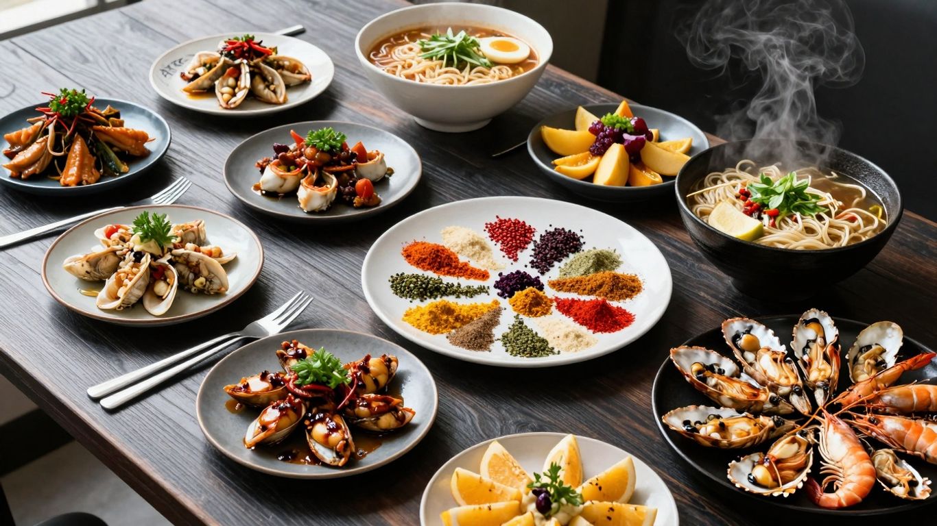 Masa plină cu mâncăruri diverse din bucătăriile lumii.