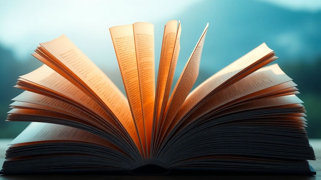 Stack of glowing digital books with fanning pages.
