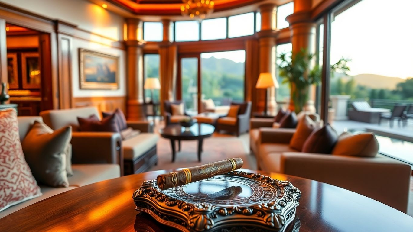 Luxurious villa interior with cigar and plush seating.