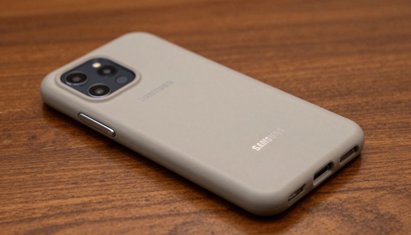 A neutral Samsung Galaxy A series phone in a rugged, photorealistic protective case on a wooden table