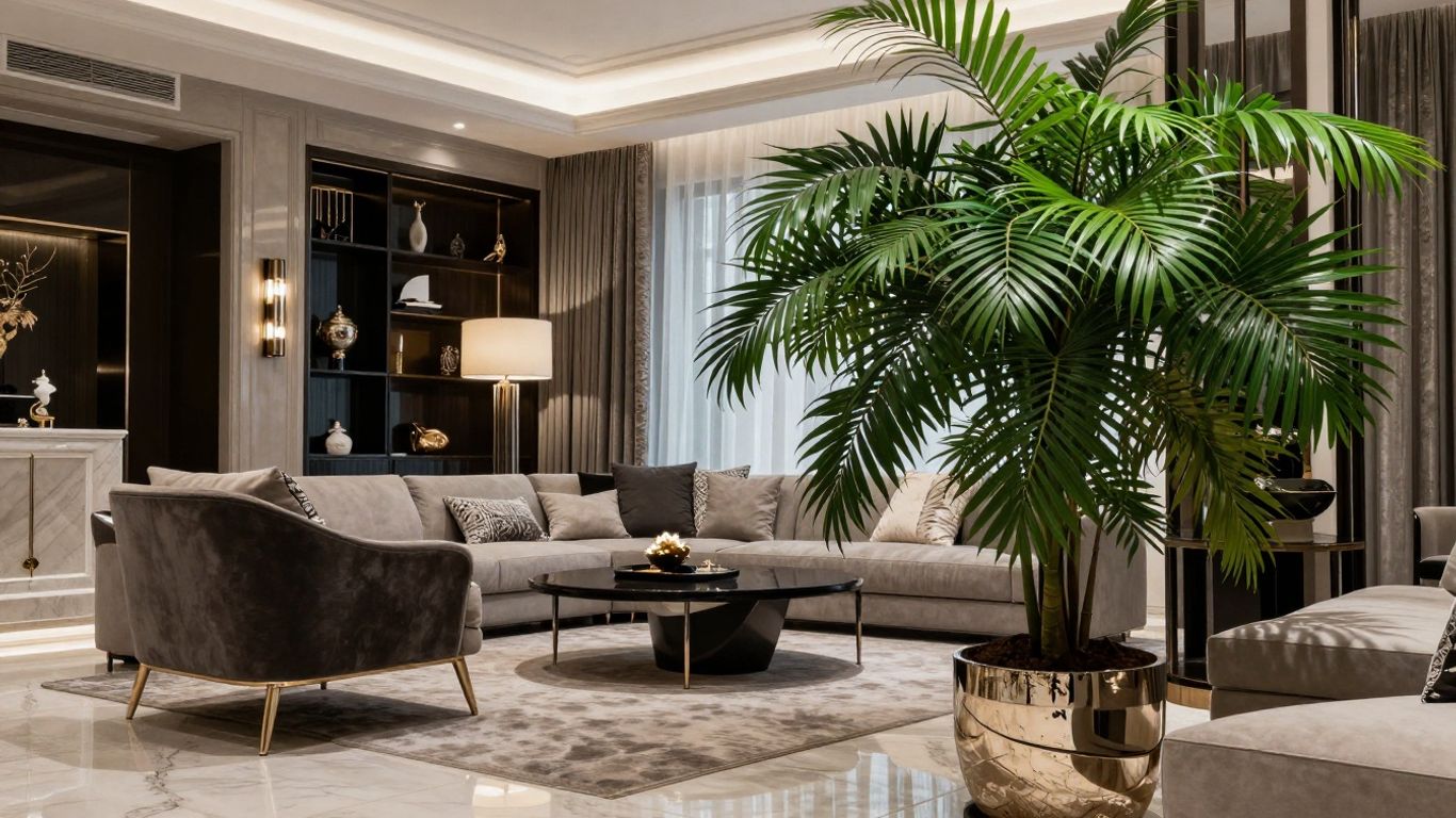 Plante verzi într-un living elegant, aducând rafinament natural.