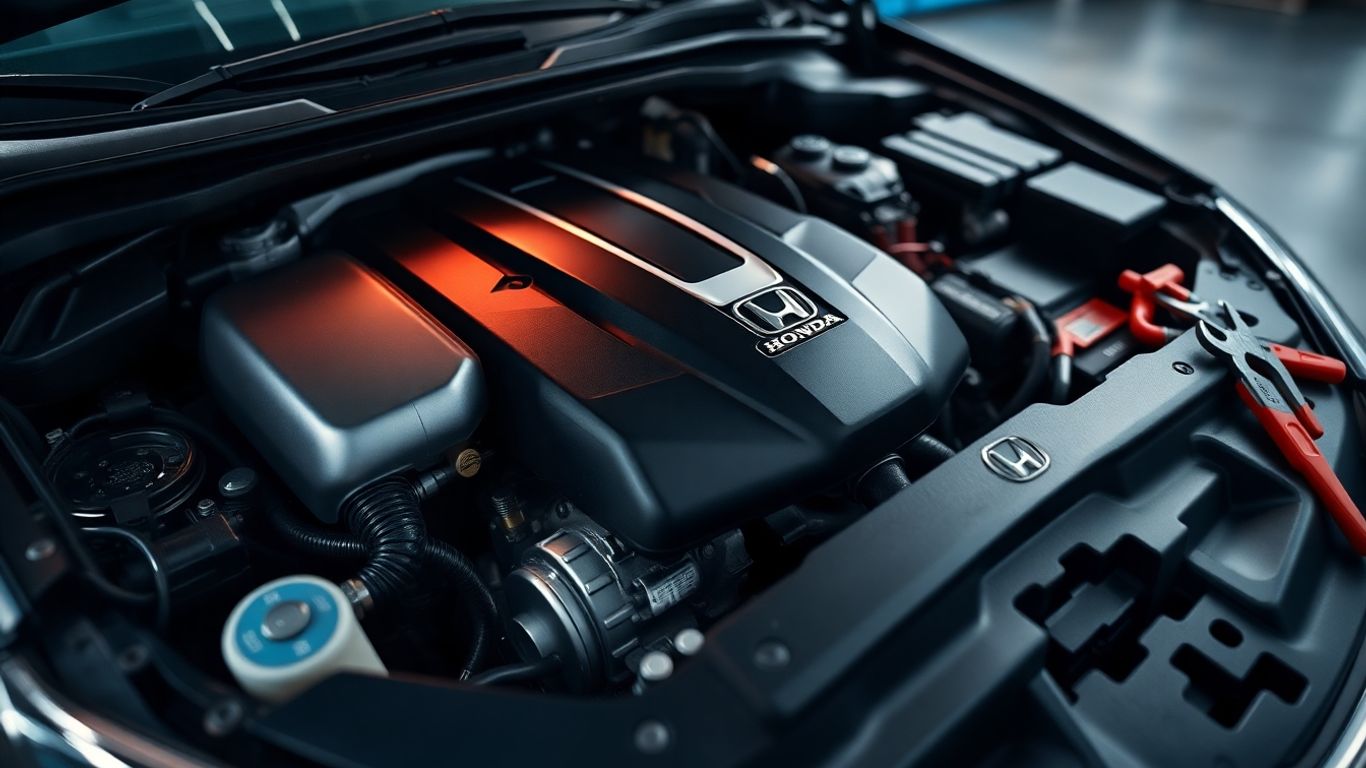 Honda engine bay with tools for expert repair.