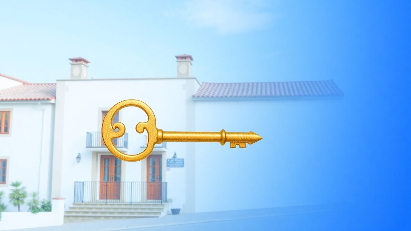 Portuguese villa with golden key, financial theme.