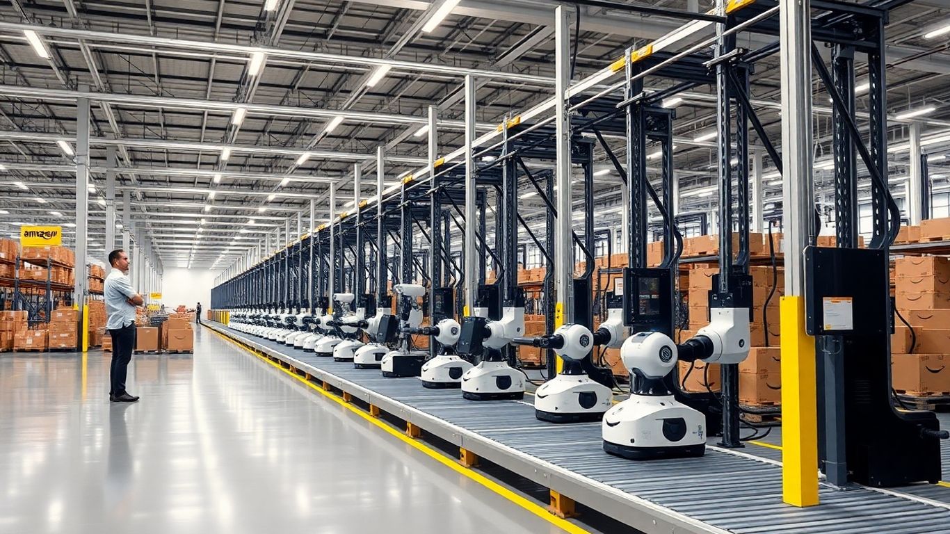 Robots et employés dans un entrepôt Amazon.