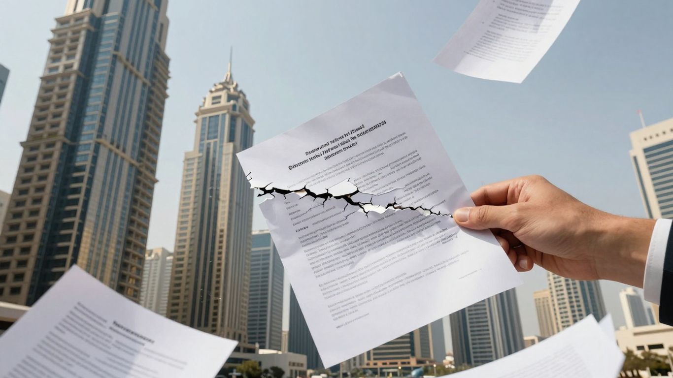 Dubai skyline with a torn lease agreement.