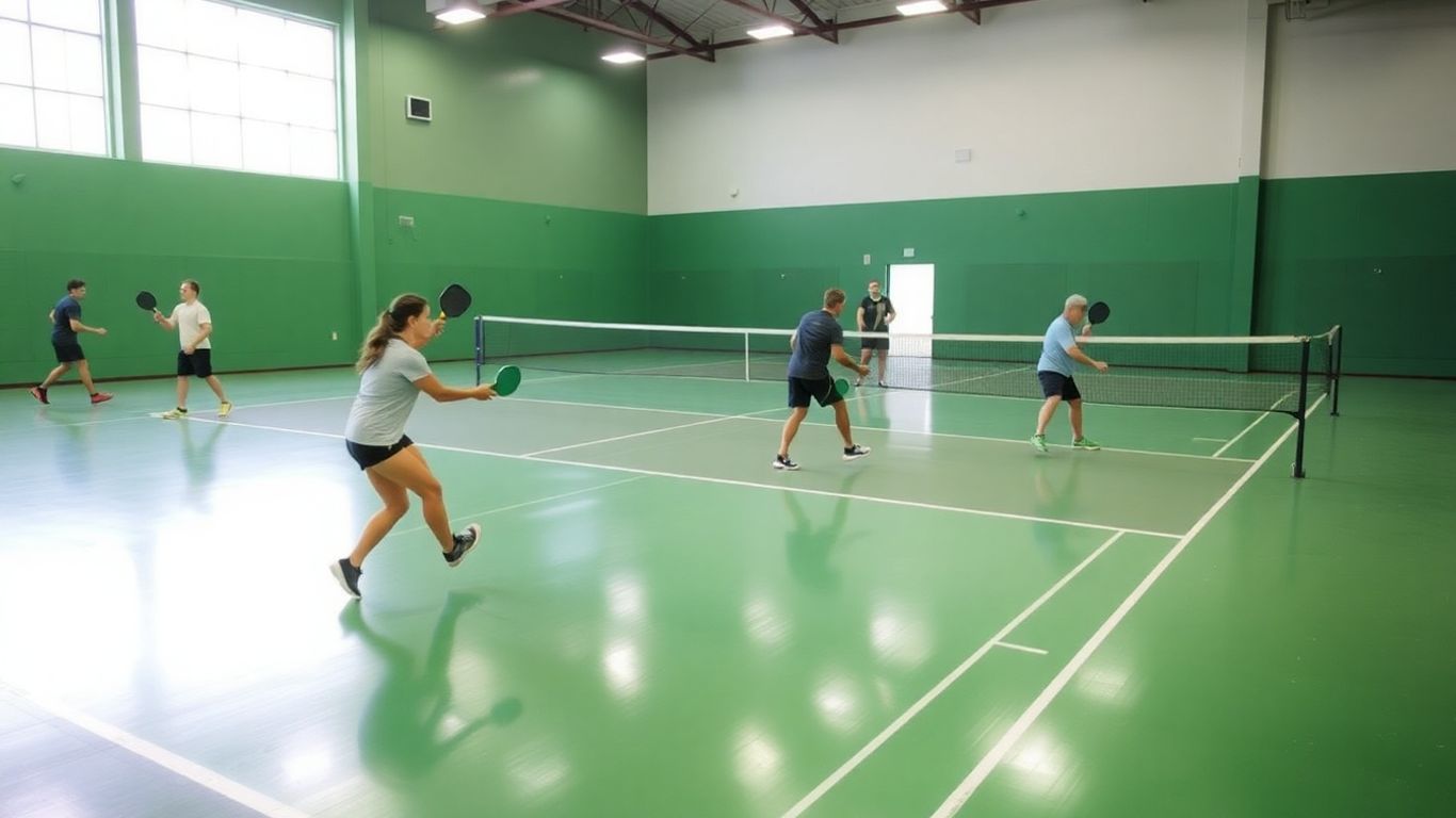 Indoor pickleball court with players in action.