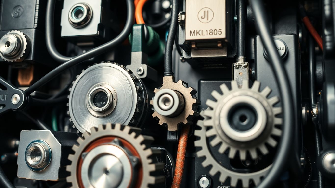 Intricate electronic components and wiring for engineering controls.