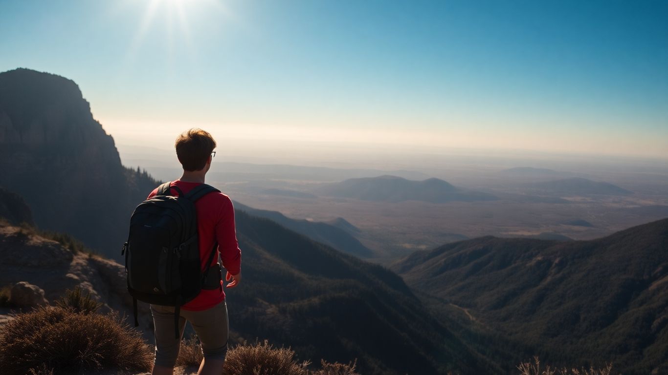 Rucksackträger blickt auf Berglandschaft bei Sonnenschein
