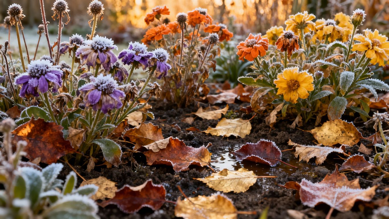 Frosty perennial garden in late autumn