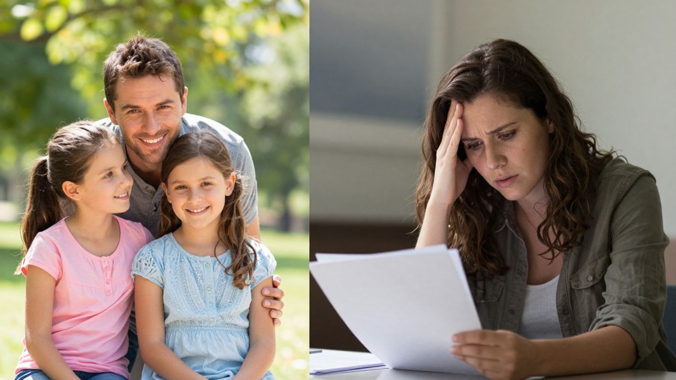 Family enjoying life contrasted with financial concern.