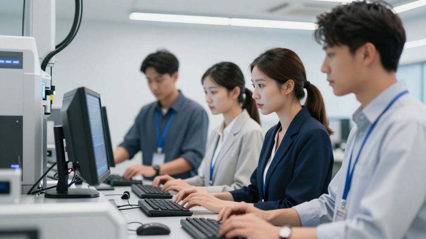 People working with advanced technology and machinery.