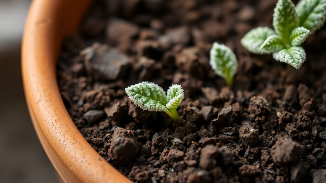 Wintererde in Terrakotta-Topf mit frostigen Blättern