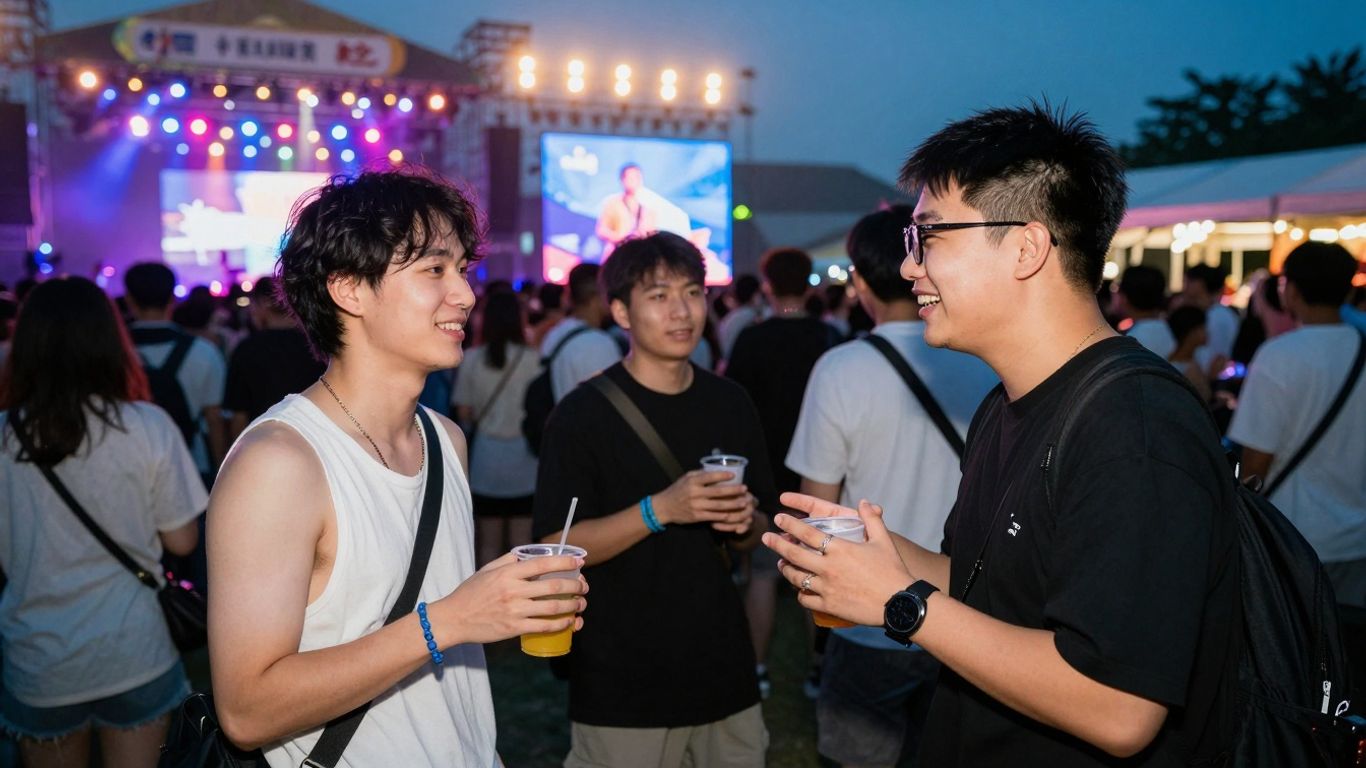 Mensen genieten van een festival terwijl ze werken.