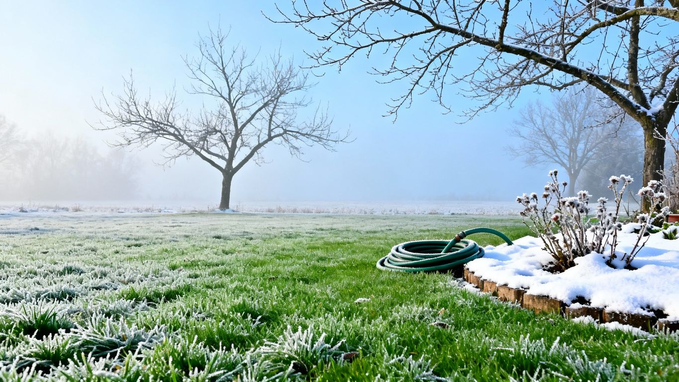 Winter lawn care scene with frost on green grass.