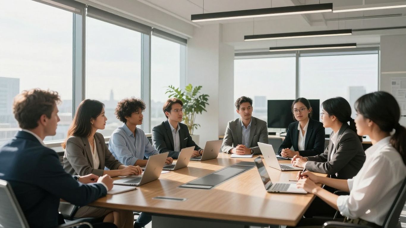 Venture capital partners discussing investment strategy in a modern office.