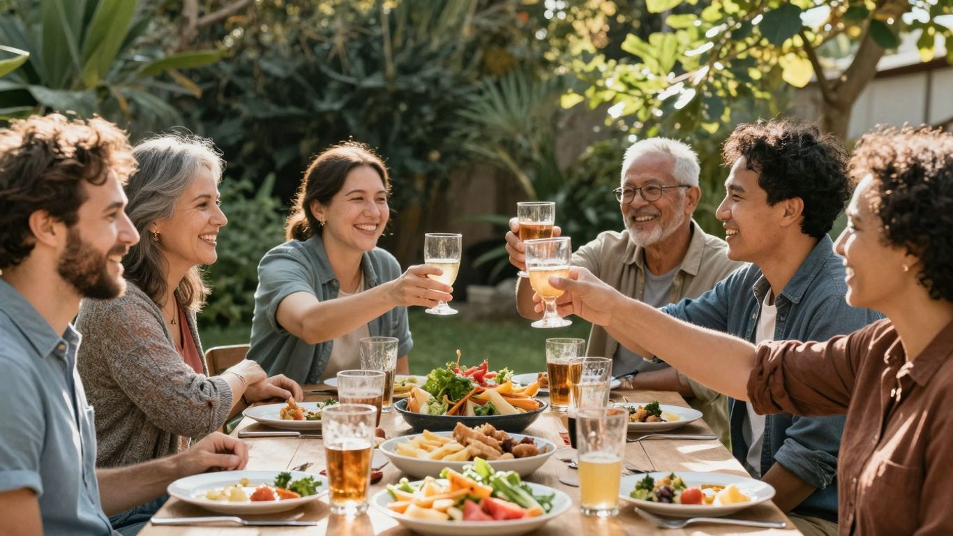 People connecting and sharing a meal outdoors, feeling happy.