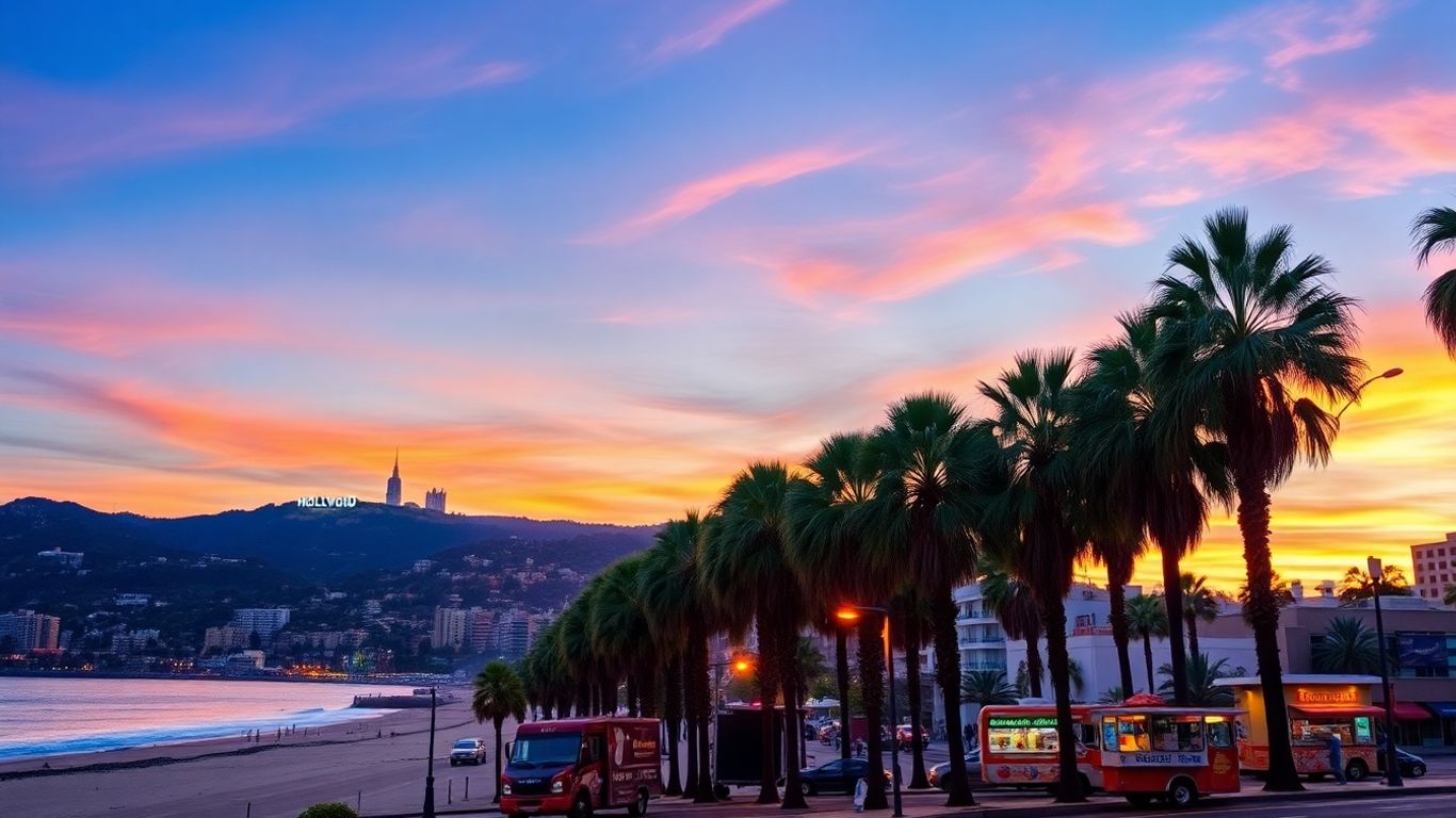 Affordable Los Angeles cityscape with landmarks and palm trees.