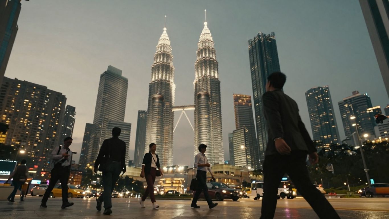 Kuala Lumpur cityscape at dusk with professionals walking.