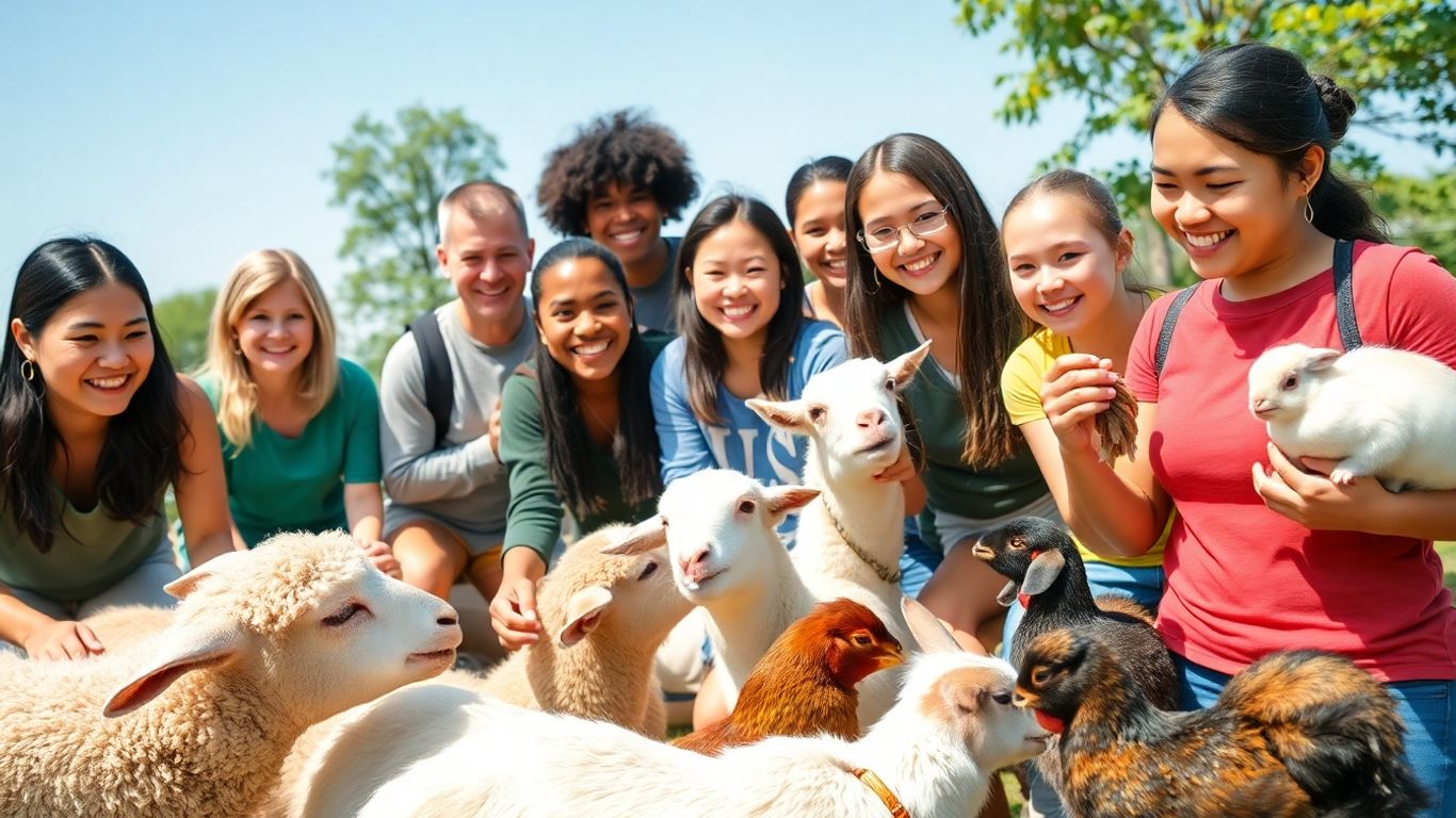 Gruppe von Menschen und Tieren auf einem Bauernhof