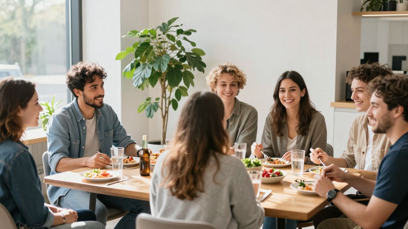 People interacting happily in a communal living space.