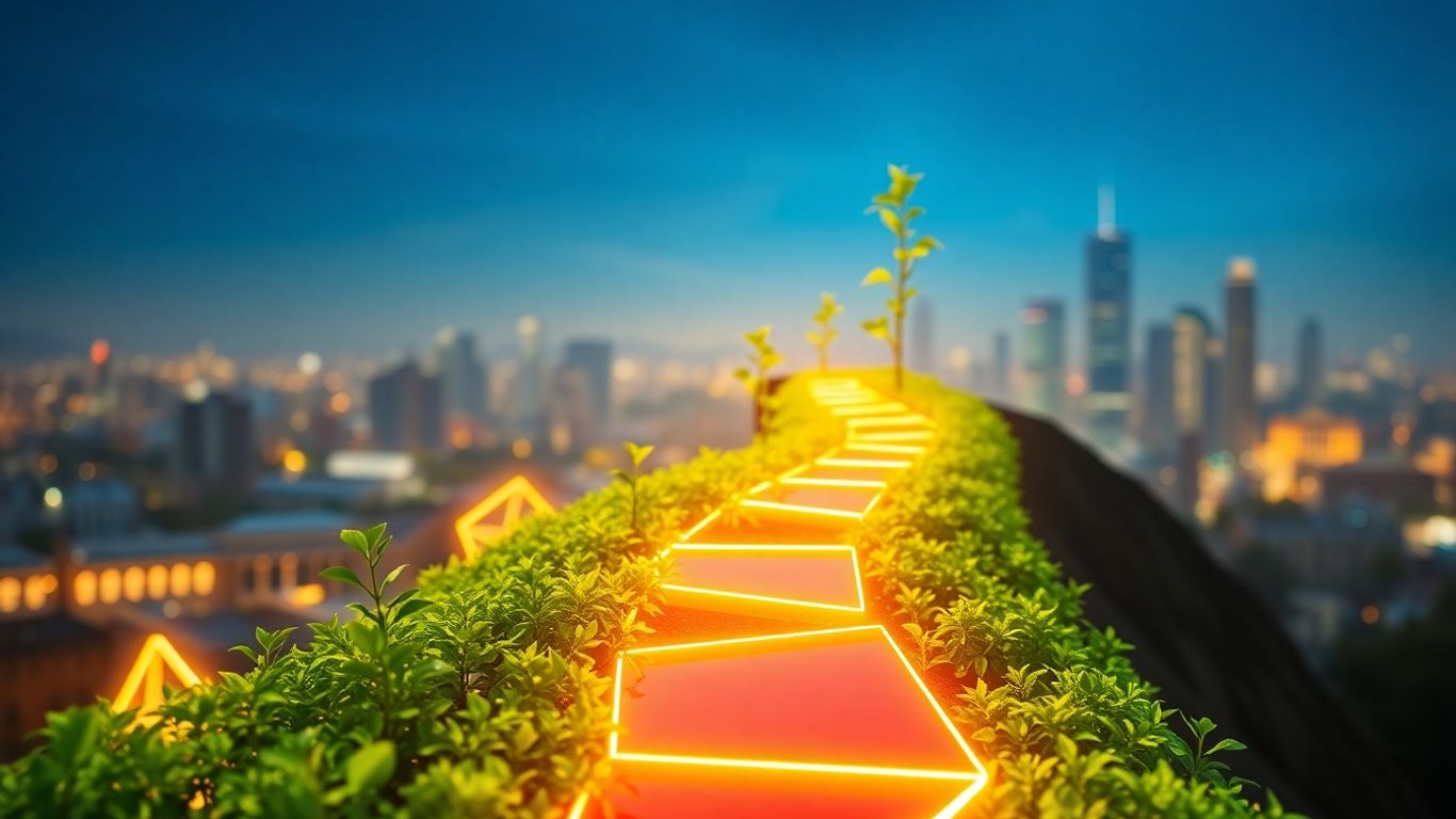 Growth path with foliage and cityscape