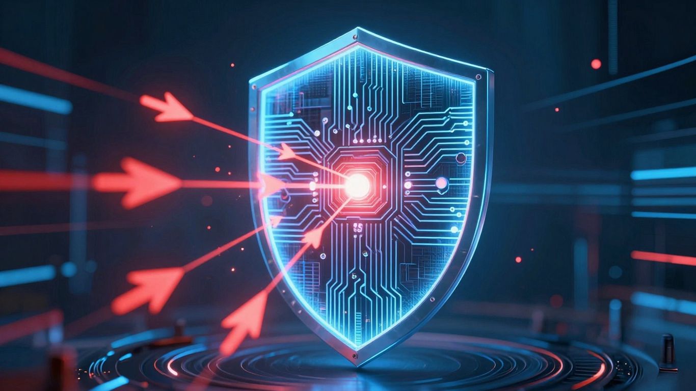 Bouclier numérique protégeant contre les flèches de cyberattaque.