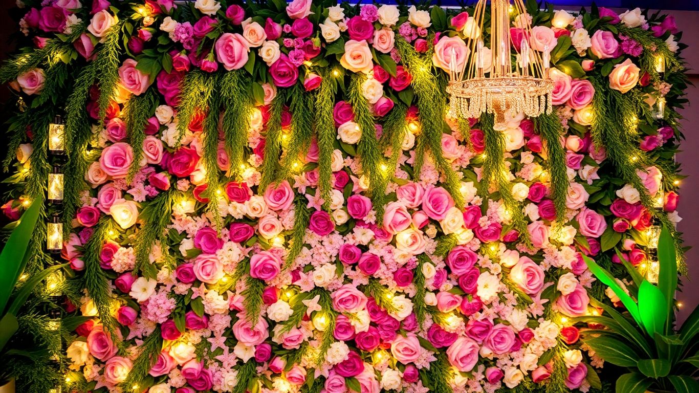 Elegant floral wall backdrop with fairy lights for event photos.