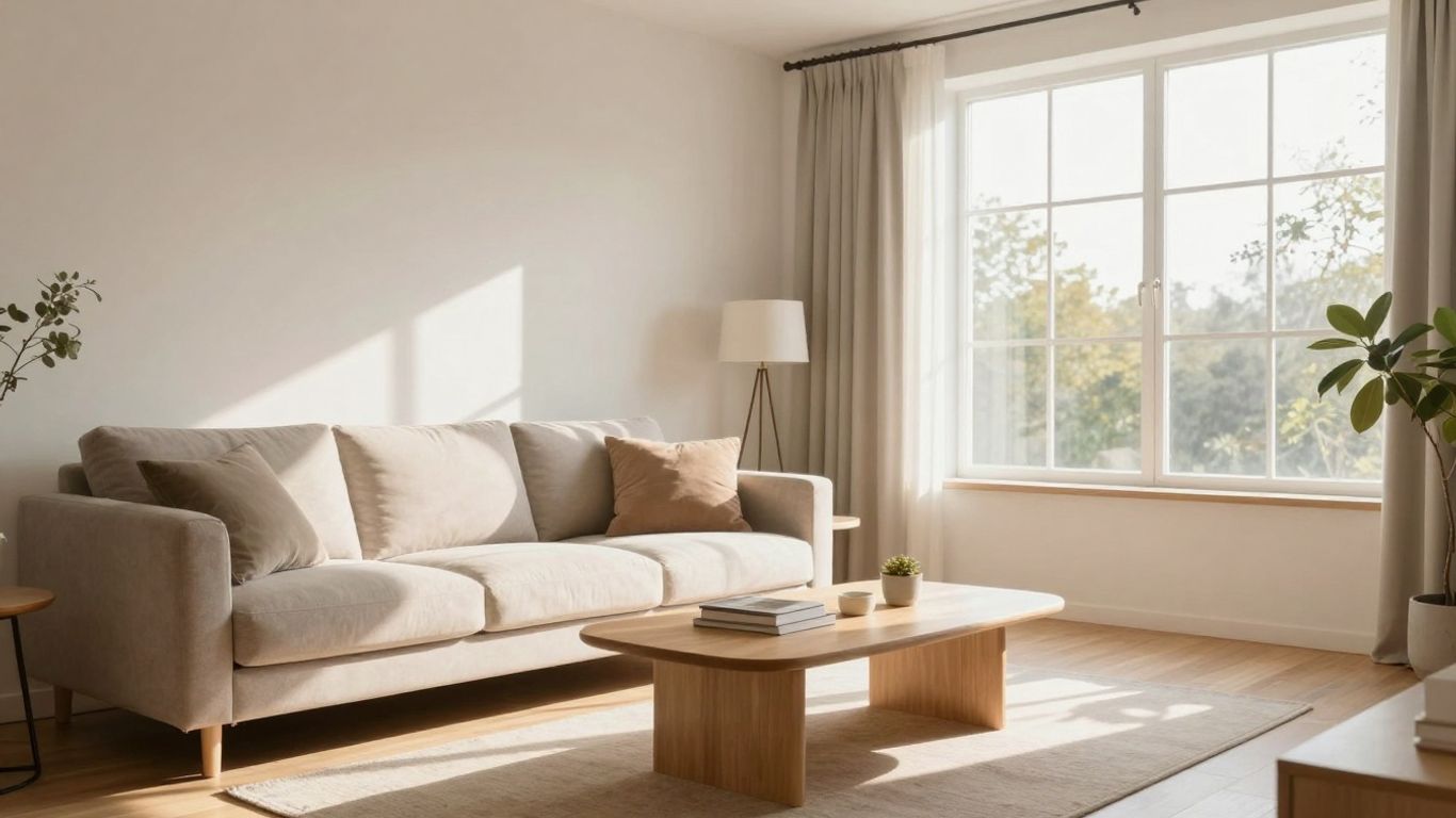 Sala de estar luminosa con sofá y mesa de centro.