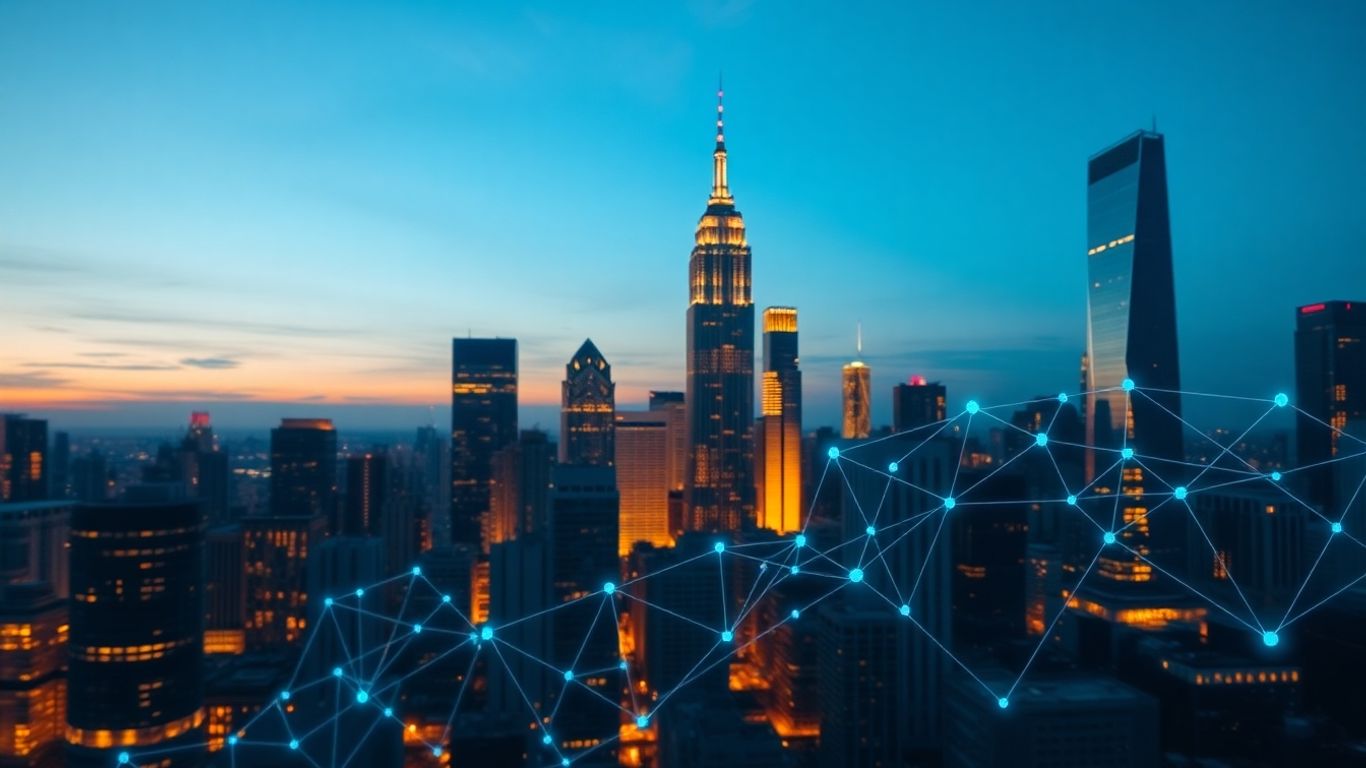 Modern cityscape with abstract global financial network overlay.