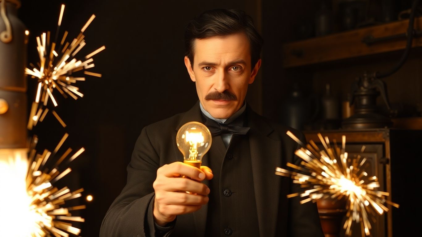 Nikola Tesla holding a glowing light bulb in a workshop.