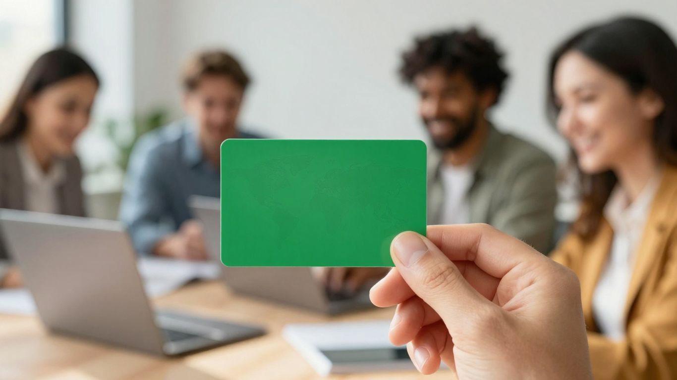 Hand holding a green card with professionals in background.